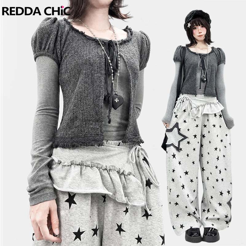 Bandage - REDDACHiC Puff Sleeve Cardigan Top Two-piece